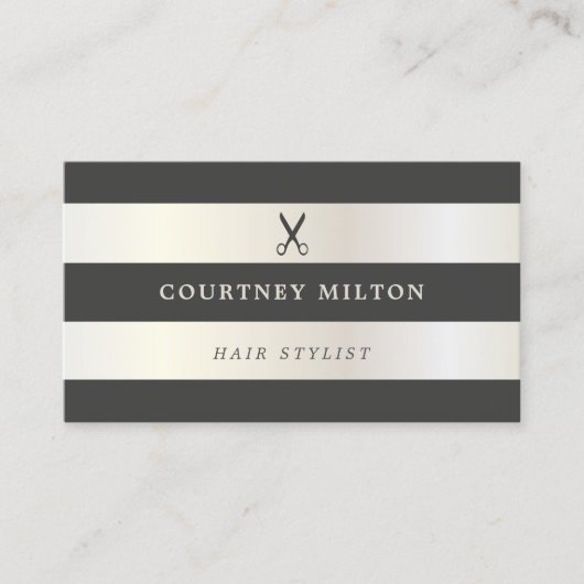 白エレガントフェイク金ゴールドグレーストライプヘアスタイリスト 名刺 (正面)