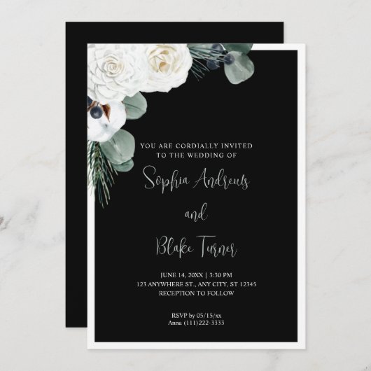 白エレガントフローラと緑の黒結婚の 招待状 (正面/裏面)