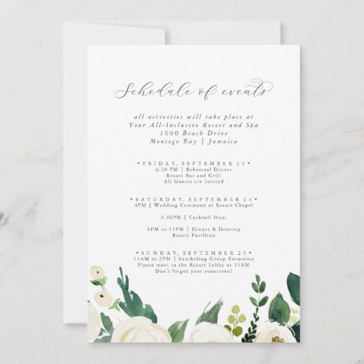 白エレガントフローラのイベントの結婚スケジュール 招待状 (裏面)