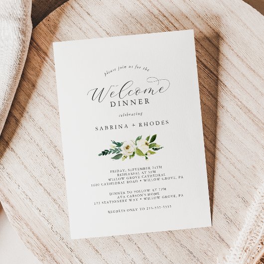 白エレガントフローラの結婚ウェルカムディナー 招待状