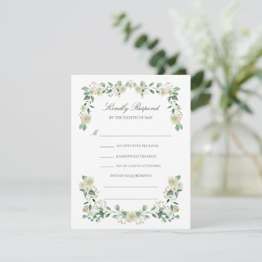 白エレガントフローラの食事の結婚選択 出欠カード (スタンド正面)