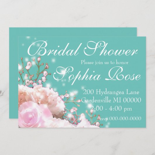 白エレガントフローラアジサイブライダルシャワー 招待状 (正面/裏面)