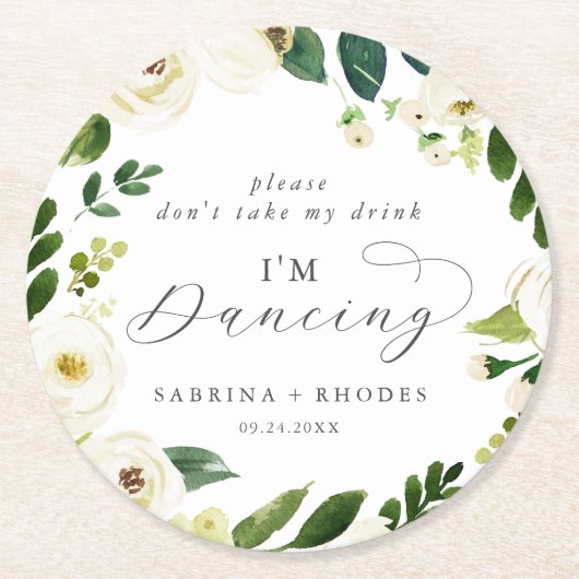 白エレガントフローラウェディングレセプション私は踊り ラウンドペーパーコースター (正面)