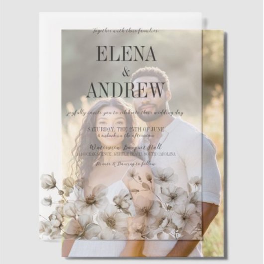 白エレガントフローラオーバーレイ結婚ズ ベラム紙招待状