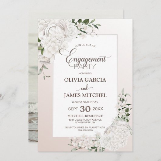 白エレガントフローラカスタムフォト婚約パーティ 招待状 (正面/裏面)
