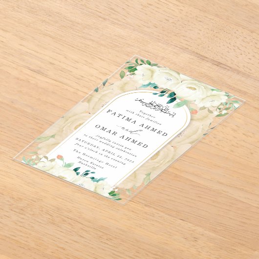 白エレガントフローラガーデンイスラム結婚教徒 アクリル招待状 (レイダウン)