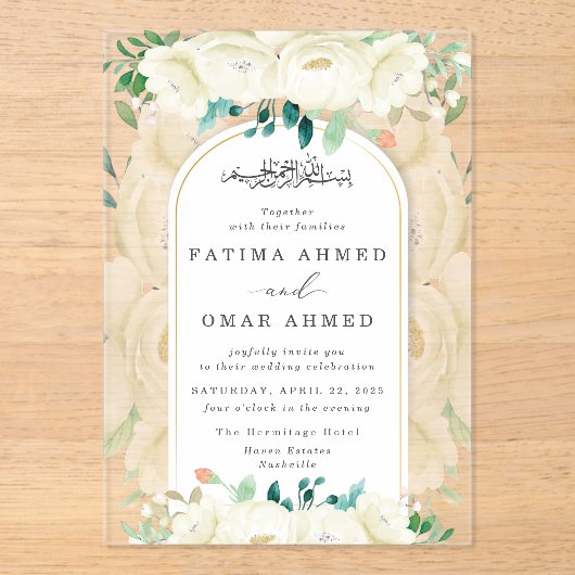 白エレガントフローラガーデンイスラム結婚教徒 アクリル招待状 (正面)