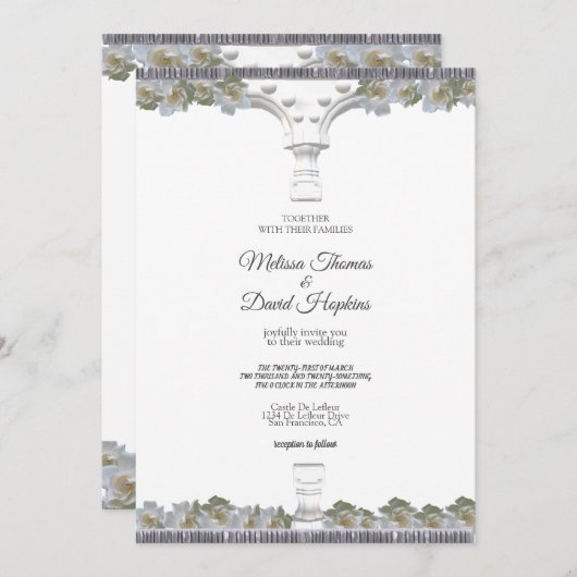 白エレガントフローラギリシャ結婚アーチ 招待状 (正面/裏面)