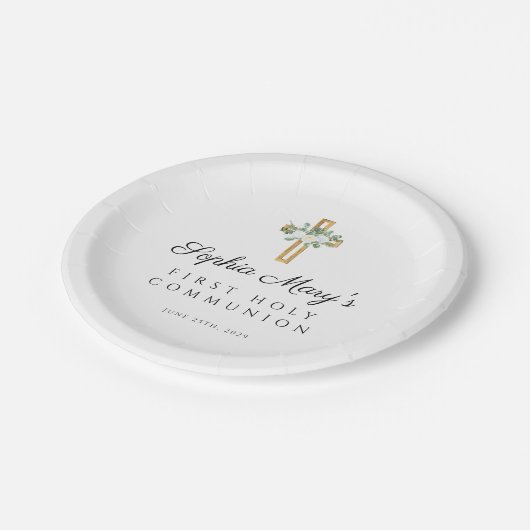 白エレガントフローラクロス第1聖餐式 ペーパープレート (アングル)