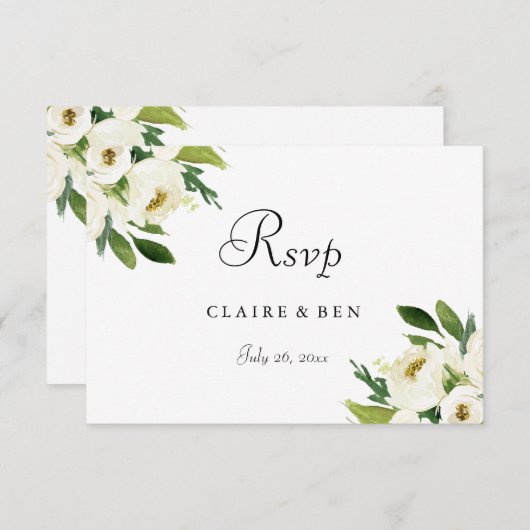 白エレガントフローラグリーンリーフウェディングRSVP 出欠カード (正面/裏面)