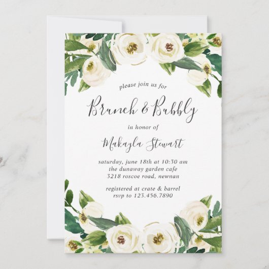 白エレガントフローラグリーンリーブランチと泡立ち 招待状 (正面)