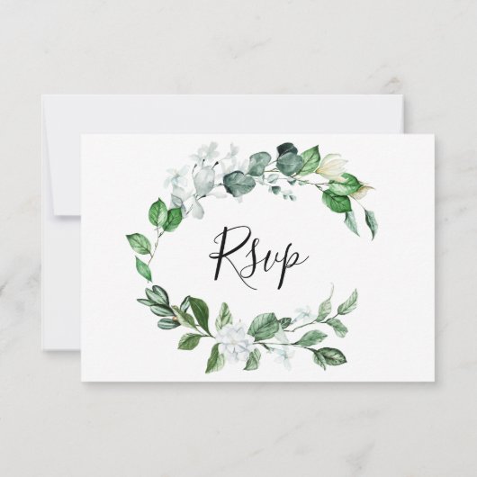 白エレガントフローラセージ緑のリース結婚 出欠カード (裏面)