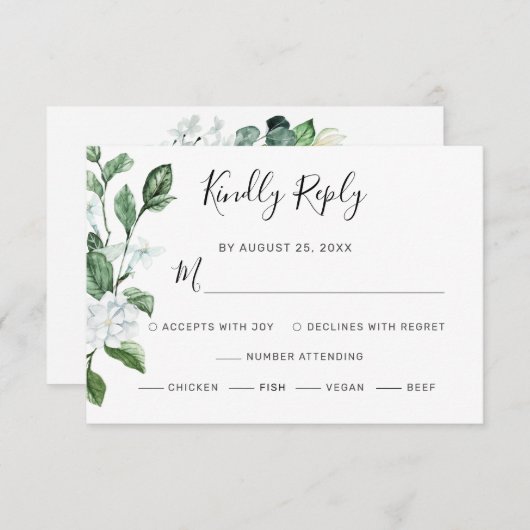白エレガントフローラセージ緑のリース結婚 出欠カード (正面/裏面)