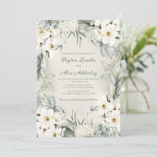 白エレガントフローラセージ緑葉の結婚 招待状 (スタンド正面)