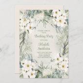 白エレガントフローラセージ緑葉誕生日 招待状 (正面/裏面)