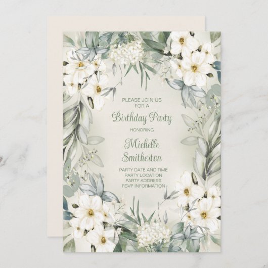 白エレガントフローラセージ緑葉誕生日 招待状 (正面/裏面)