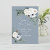 白エレガントフローラダスティブルー日付を保存 招待状 (スタンド正面)