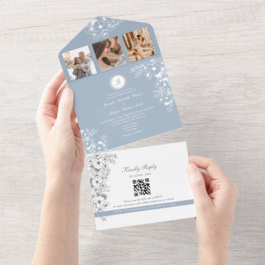 白エレガントフローラダスティブルー結婚ズ オールインワン招待状 (貼ってはがせる)