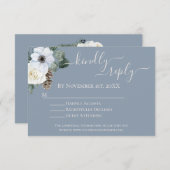 白エレガントフローラダスティブルーRSVP エンクロージャーカード (正面/裏面)