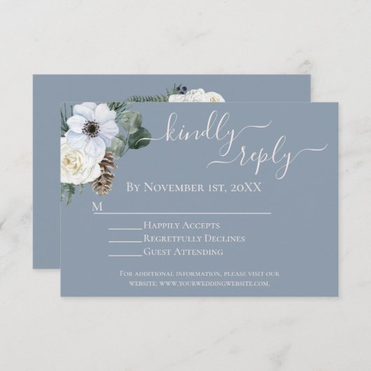 白エレガントフローラダスティブルーRSVP エンクロージャーカード (正面/裏面)