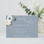 白エレガントフローラダスティブルーRSVP エンクロージャーカード (スタンド正面)