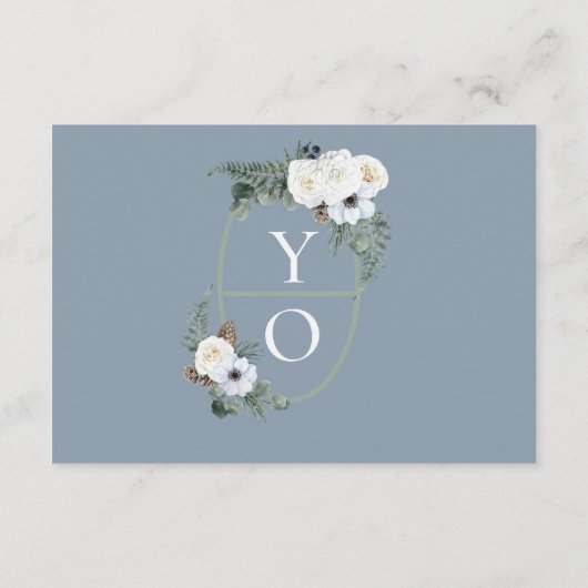 白エレガントフローラダスティブルーRSVP エンクロージャーカード (裏面)