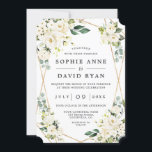 白エレガントフローラバラ金ゴールド全結婚体 招待状<br><div class="desc">全員を招待して。詳細とRSVP（オプション）を別のエンクロージャカードではなく結婚式招待状の背面に取り付けることで救紙できる。白いエレガント背景に繊細な白い水色の花、ユーカリの葉、フェイクバラ金ゴールドフレームを特徴とするカードデザイン。情報を追加するには、パーソナライズ・ツールを使用する。マッチ商品は、私のホワイトフラワーズコレクションを参照して開花。</div>