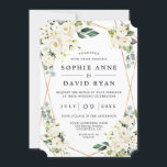 白エレガントフローラバラ金ゴールド全結婚体 招待状<br><div class="desc">全員を招待して。詳細とRSVP（オプション）を別のエンクロージャカードではなく結婚式招待状の背面に取り付けることで救紙できる。白いエレガント背景に繊細な白い水色の花、ユーカリの葉、フェイクバラ金ゴールドフレームを特徴とするカードデザイン。情報を追加するには、パーソナライズ・ツールを使用する。マッチ商品は、私のホワイトフラワーズコレクションを参照して開花。</div>