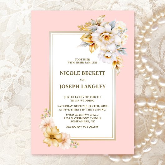 白エレガントフローラピ結婚ンク 招待状