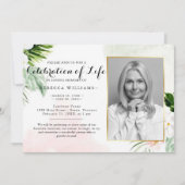 白エレガントフローラフォトお祝い 招待状 (正面)