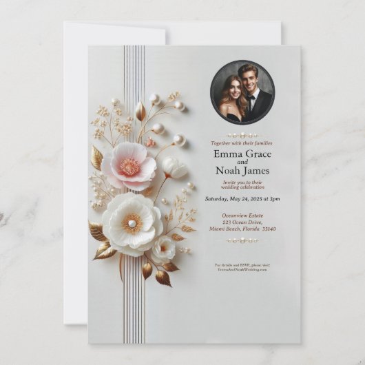 白エレガントフローラフォト結婚式招待状 招待状 (正面)