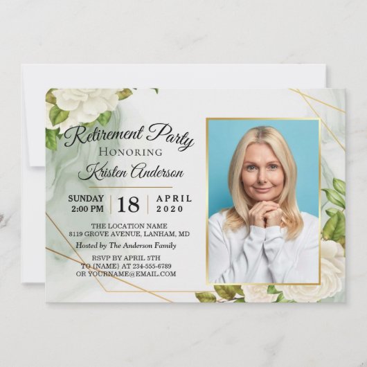 白エレガントフローラフォト退職パーティー 招待状 (正面)