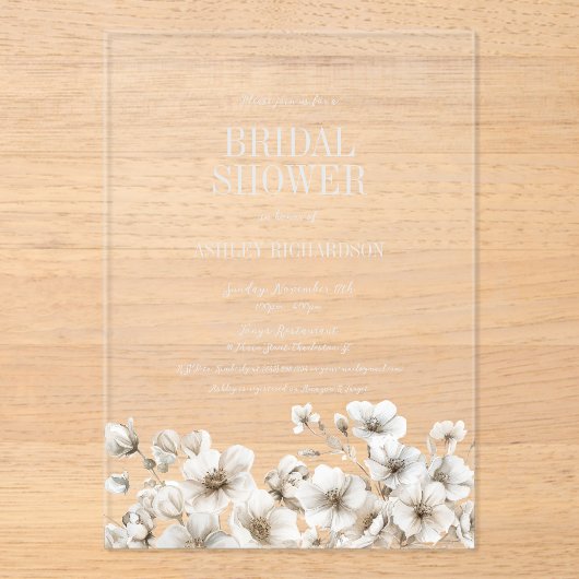 白エレガントフローラブライダルシャワー アクリル招待状 (正面)