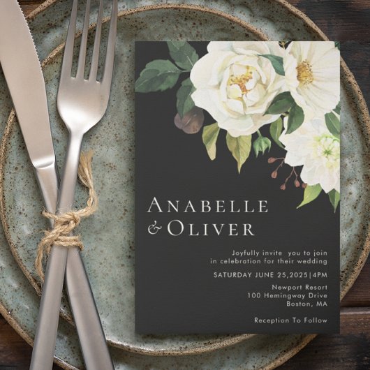 白エレガントフローラブラック結婚式招待状 招待状