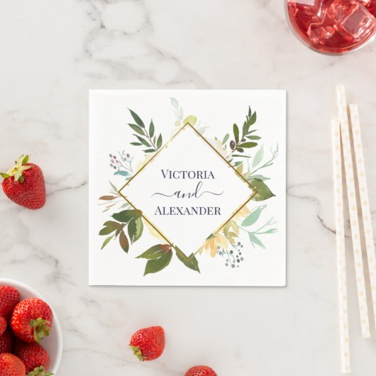 白エレガントフローラブルーゴールドフォイル結婚フレーム スタンダードカクテルナプキン (インサイチュ)