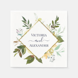 白エレガントフローラブルーゴールドフォイル結婚フレーム スタンダードカクテルナプキン