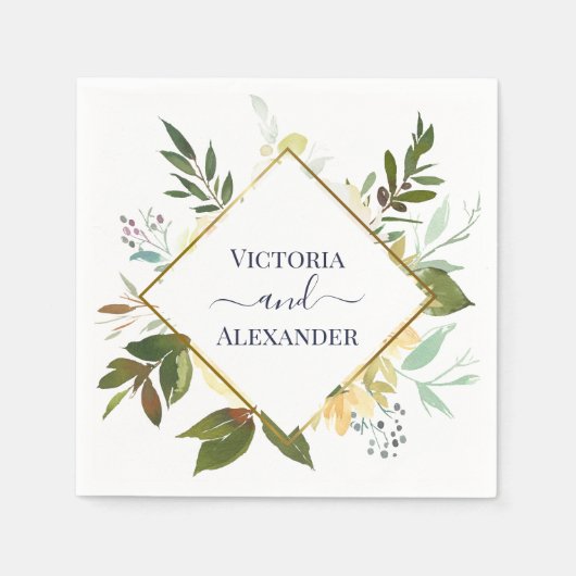 白エレガントフローラブルーゴールドフォイル結婚フレーム スタンダードカクテルナプキン (正面)