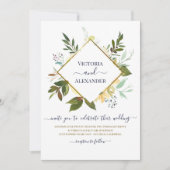 白エレガントフローラブルーゴールドフォイル結婚フレーム 招待状 (正面)