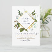 白エレガントフローラブルーゴールドフォイル結婚フレーム 招待状 (スタンド正面)