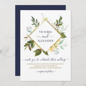 白エレガントフローラブルーゴールドフォイル結婚フレーム 招待状 (正面/裏面)