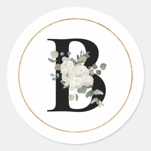 白エレガントフローラモノグラム文字Bオン白 ラウンドシール (正面)
