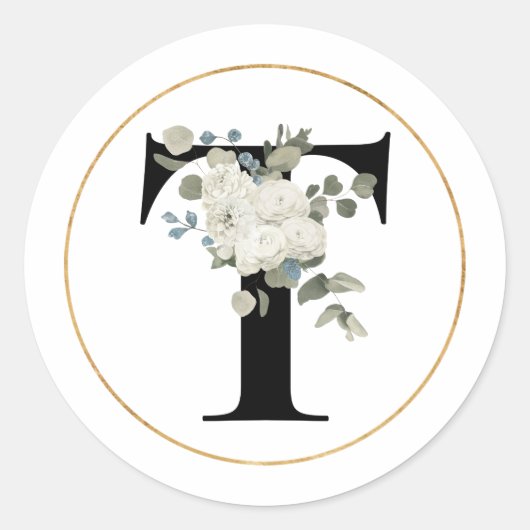 白エレガントフローラモノグラム文字Tオン白 ラウンドシール (正面)