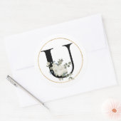白エレガントフローラモノグラム文字Uオン白 ラウンドシール (封筒)