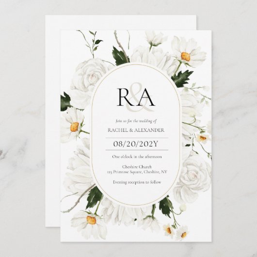 白エレガントフローラモノグラム結婚式招待状 招待状 (正面/裏面)