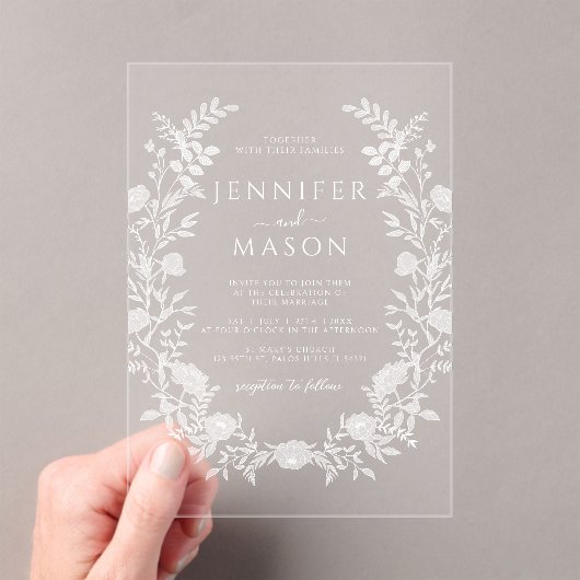 白エレガントフローラリースボヘミアン結婚ズ アクリル招待状 (インサイチュ (ポータブル))
