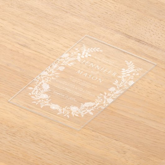 白エレガントフローラリースボヘミアン結婚ズ アクリル招待状 (レイダウン)