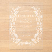 白エレガントフローラリースボヘミアン結婚ズ アクリル招待状 (正面)