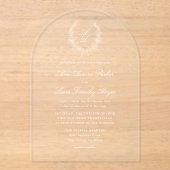 白エレガントフローラリースモノグラ結婚ム アクリル招待状 (正面)