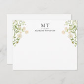 白エレガントフローラワイルドフラワークラシックモノグラム ノートカード (正面/裏面)