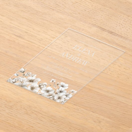 白エレガントフローラ冬の結婚式 アクリル招待状 (レイダウン)